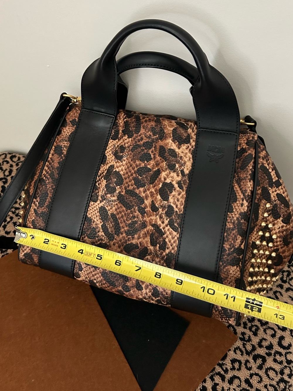 MCM Authentic Leopard Print Studded Clean Keana Crossbody Boston Bag - Picture 7 of 10
